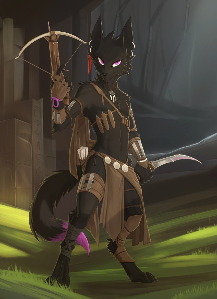 anthro arbalist barefoot biped black_body black_fur crossbow detailed_background digitigrade dipstick_tail ear_piercing ear_ring feet fur holding_knife holding_object holding_ranged_weapon holding_weapon knife male markings piercing purple_eyes ranged_weapon ring_piercing solo tail tail_markings weapon kluclew zephyrius species_request hi_res