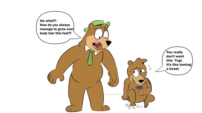 anthro belly brown_body clothing duo hat headgear headwear male necktie simple_background sitting size_difference slightly_chubby text white_background beargarbage hanna-barbera jellystone_(hbo_max) yogi_bear boo-boo_bear yogi_bear_(character) bear mammal 16:9 2022 english_text hi_res widescreen