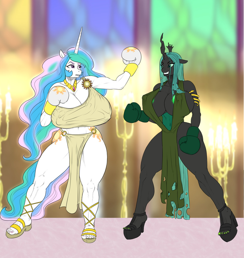 anthro areola areola_slip big_breasts bottomwear boxing_gloves breasts cleavage clothed clothing duo female footwear handwear high_heels horn huge_breasts loincloth nipple_outline shoes hellbridge friendship_is_magic hasbro my_little_pony mythology princess_celestia_(mlp) queen_chrysalis_(mlp) arthropod changeling equid equine mammal mythological_creature mythological_equine unicorn hi_res story story_in_description