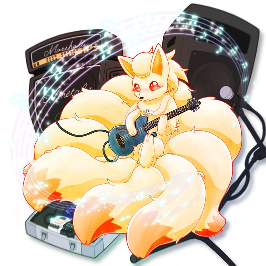 3_toes 9_tails ambiguous_feral ambiguous_gender big_tail black_nose chibi dipstick_tail electric_guitar electronics featureless_crotch feet feral fluffy fluffy_tail front_view fur glistening glistening_eyes guitar head_tuft holding_object kemono markings microphone multi_tail multicolored_body multicolored_fur multicolored_tail musical_instrument musical_note musical_symbol orange_body orange_fur orange_inner_ear orange_tail orange_tail_tip paws playing_guitar playing_music plucked_string_instrument quadruped red_eyes semi-anthro simple_background sitting smile solo speaker string_instrument symbol tail tail_markings toes tuft two_tone_body two_tone_fur two_tone_tail white_background yellow_body yellow_ears yellow_fur yellow_tail inari_agemochi nintendo pokemon canid canine generation_1_pokemon mammal ninetales pokemon_(species) 1:1 2024 colored digital_media_(artwork) full-length_portrait hi_res portrait shaded signature watermark