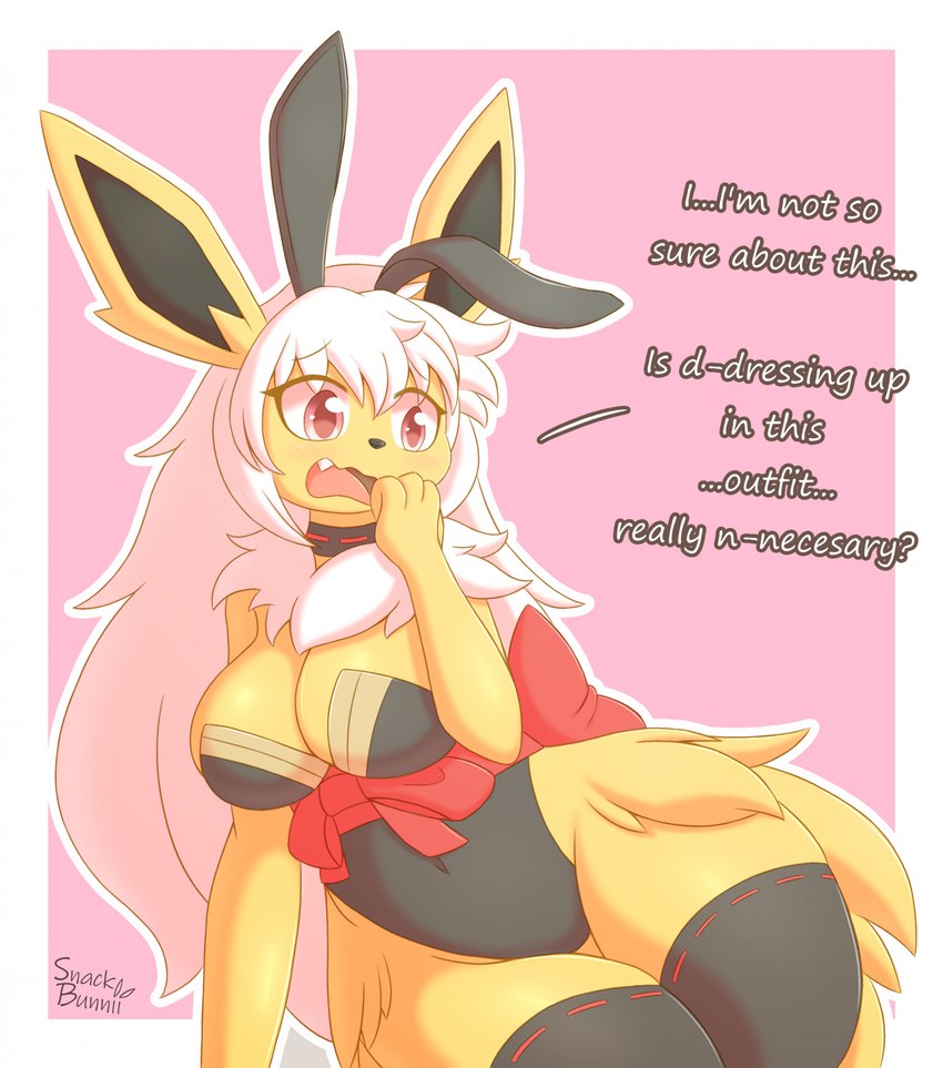 anthro biped blush border breasts bunny_costume cleavage clothed clothing costume dialogue fake_ears fake_rabbit_ears fangs female fur hair legwear open_mouth pink_background question_mark red_eyes simple_background solo stuttering teeth text thigh_highs white_border white_hair wide_hips yellow_body yellow_fur snackbunnii nintendo pokemon eeveelution generation_1_pokemon jolteon pokemon_(species) english_text hi_res