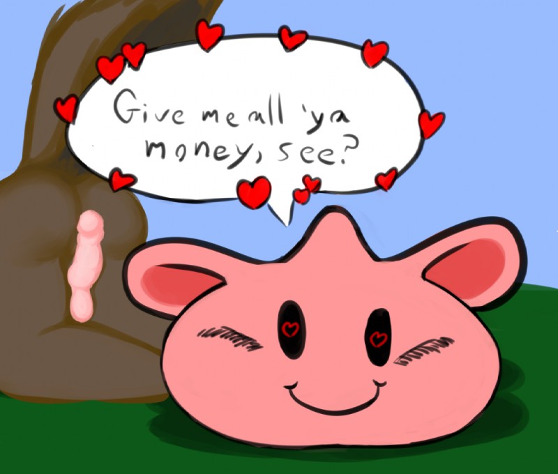 ambiguous_gender anthro bodily_fluids butt cum cum_drip cum_inside dripping duo genital_fluids heart_eyes heart_symbol slime smile speech_bubble text jellymouse canid canine goo_creature mammal english_text