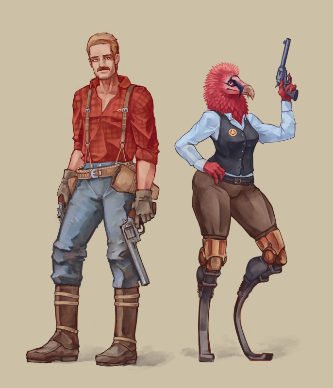 beak belt bottomwear clothed clothing duo feathers female fully_clothed gloves gun hair handgun handwear holster male pants pistol prosthetic prosthetic_leg prosthetic_limb ranged_weapon revolver running_blade sheriff suspenders weapon armpitcore420 accipitrid accipitriform avian bearded_vulture bird human mammal old_world_vulture vulture hi_res