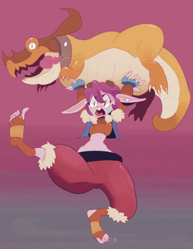 anthro armwear blush clothed clothing duo eyewear female footwear gloves goggles hair handwear long_ears navel open_mouth simple_background socks stirrup_socks tail tongue tongue_out d-va league_of_legends mythology riot_games tencent dragon_trainer_tristana_(lol) riggle tristana_(lol) dragon mythological_creature mythological_scalie scalie yordle 2015 hi_res