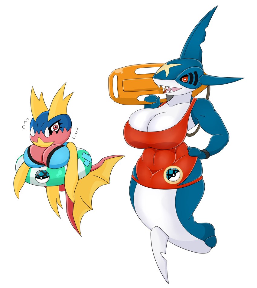 anthro big_breasts blue_body breasts clothing duo fangs female fin huge_breasts legless muscular muscular_female net_ball pokeball red_body red_eyes sharp_teeth simple_background swimwear teeth white_background urusee584 nintendo pokemon carvanha fish generation_3_pokemon marine pokemon_(species) sharpedo absurd_res hi_res