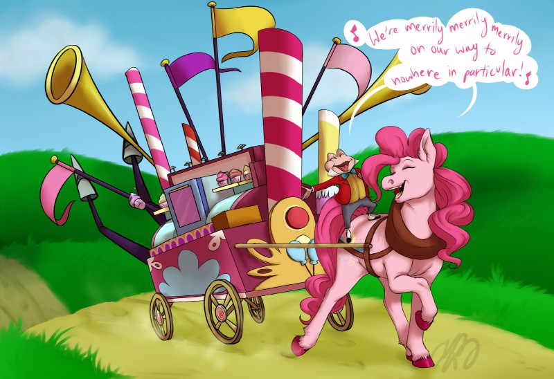 anthro cart clothing cloud cupcake cutie_mark dialogue duo eyes_closed female feral food fur hair male musical_note musical_symbol outside pink_body pink_fur pink_hair quadruped singing sky symbol tail text cartoonlion disney friendship_is_magic hasbro my_little_pony the_adventures_of_ichabod_and_mr._toad wind_in_the_willows mr._toad pinkie_pie_(mlp) amphibian earth_pony equid equine frog horse mammal pony 2013 crossover english_text hi_res