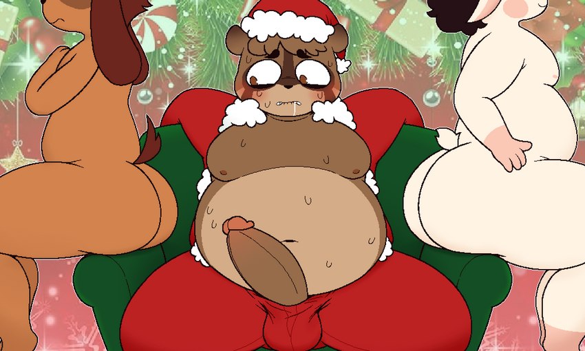 anthro bangs belly big_belly big_butt big_penis blush bodily_fluids brown_body brown_fur bulge butt candy chair cheek_spots christmas_clothing christmas_headwear clothing costume dessert drooling erection food fur furniture genitals green_background green_chair group hat headgear headwear holidays long_ears looking_at_butt male male/male moobs navel nipples nude on_chair ornament overweight overweight_anthro overweight_male penis peppermint_(candy) plant saliva santa_costume santa_hat simple_background sitting sitting_on_armrest sitting_on_chair smile sweat sweaty_body tan_body tan_fur thick_thighs trio zlut385 christmas cal_(zlut385) lyle_(zlut385) nahte_(zlut385) bovid canid canine canis caprine domestic_dog goat mammal raccoon_dog tanuki 5:3 colored digital_media_(artwork) hi_res pixel_(artwork)