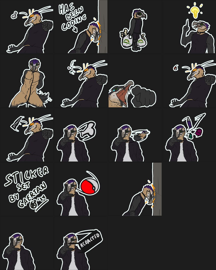 anthro humor kneeling sticker_pack throwing throwing_object gaertan eminem_throw accipitrid accipitriform avian bearded_vulture bird canid canine canis domestic_dog mammal old_world_vulture vulture absurd_res hi_res meme