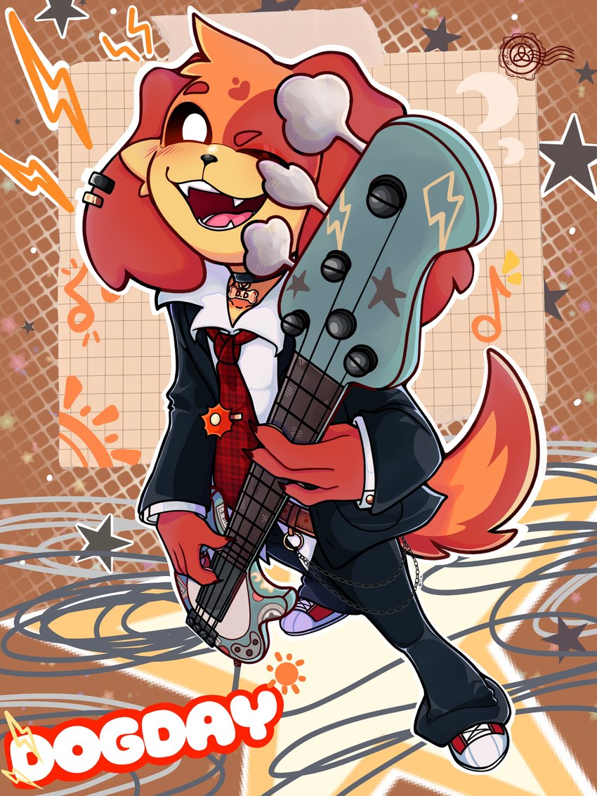 anthro bass_guitar black_sclera claws clothing detailed_background finger_claws floppy_ears footwear fur guitar logo male musical_instrument necktie open_mouth open_smile orange_body orange_ears orange_face orange_fingers orange_fur orange_hands orange_neck orange_tail plucked_string_instrument red_necktie shoes smile sneakers solo string_instrument tail teeth white_eyes bonanusfanan mob_entertainment poppy_playtime smiling_critters dogday_(poppy_playtime) canid canine canis domestic_dog mammal 2024 3:4 absurd_res artist_logo colored detailed english_description hi_res