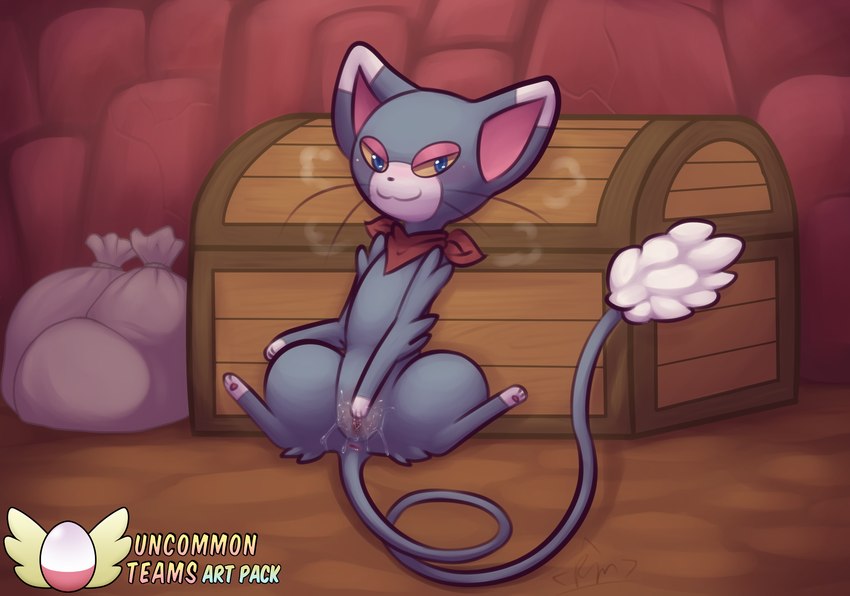 anus blush bodily_fluids detailed_background female feral fur genital_fluids genitals kerchief kerchief_only looking_at_viewer masturbation paws pussy sack smile solo tail text treasure_chest vaginal vaginal_fluids vaginal_masturbation rymherdier nintendo pokemon pokemon_mystery_dungeon spike_chunsoft felid generation_4_pokemon glameow mammal pokemon_(species) digital_media_(artwork) english_text hi_res