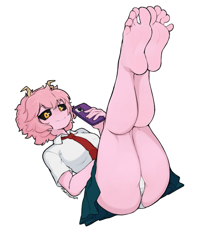 5_toes barefoot bottomwear breasts butt cellphone clothing electronics feet female fingers foot_focus hair holding_object holding_phone horn humanoid_feet not_furry panties phone pink_body pink_hair pink_skin plantigrade simple_background skirt solo toes underwear white_background softhanten my_hero_academia ashido_mina horned_humanoid humanoid 2023 hi_res signature