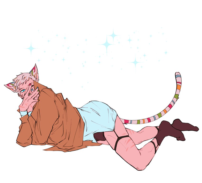 alternate_species blue_eyes bottomwear bulge clothed clothing covering covering_face garter_straps humanoidized male pointy_ears prick_ears scar solo drawfee karina_farek drawfee_(copyright) neopets destielconfession_(karina_farek) animal_humanoid candy_neopet humanoid kougra neopet_(species)