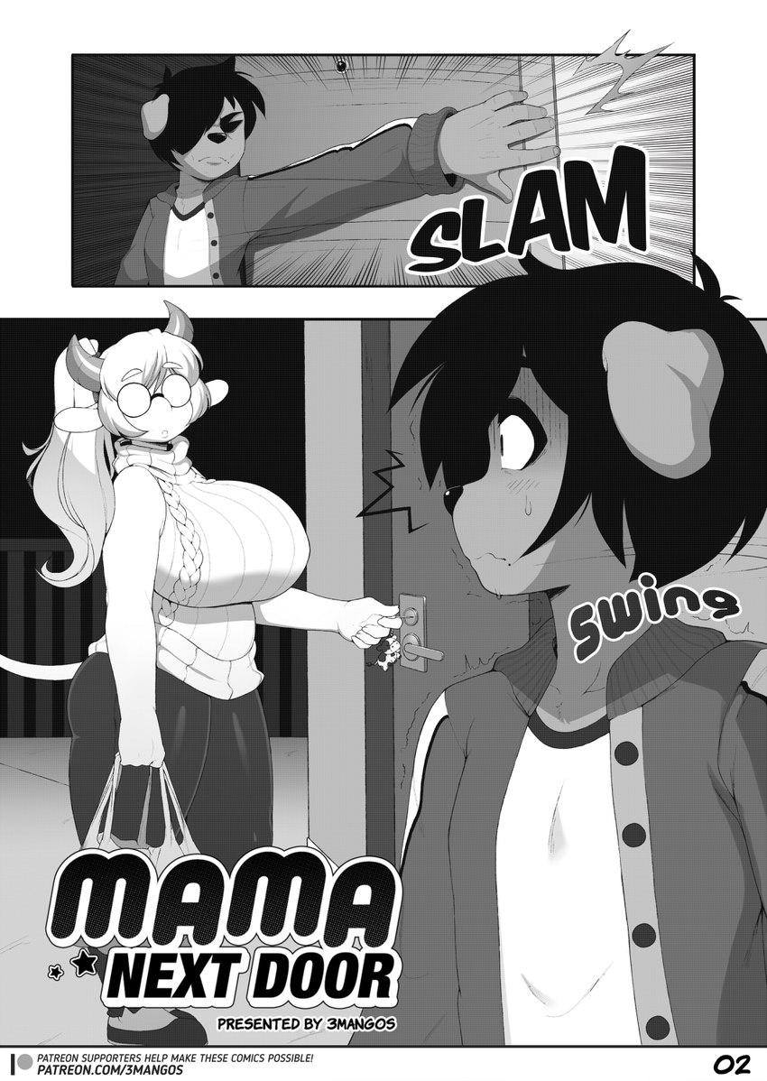 big_breasts breasts cellphone door_slam duo electronics eyewear female glasses hair horn huge_breasts male mature_female phone surprise text chromapan anabelle_(3mangos) cocoa_(3mangos) bovid bovine canid canine canis cattle domestic_dog mammal 2018 comic english_text hi_res monochrome url