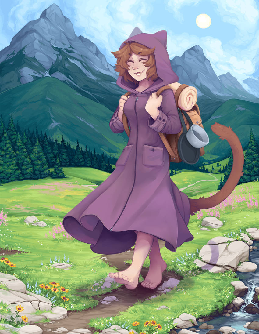 adventure backpack barefoot brown_hair clothing coat detailed_background feet female flower forest hair happy mountain plant purple_clothing purple_coat purple_topwear short_hair solo topwear traveling tree lunareden lucy_(dehelleman) animal_humanoid cat_humanoid felid felid_humanoid feline feline_humanoid humanoid mammal mammal_humanoid hi_res