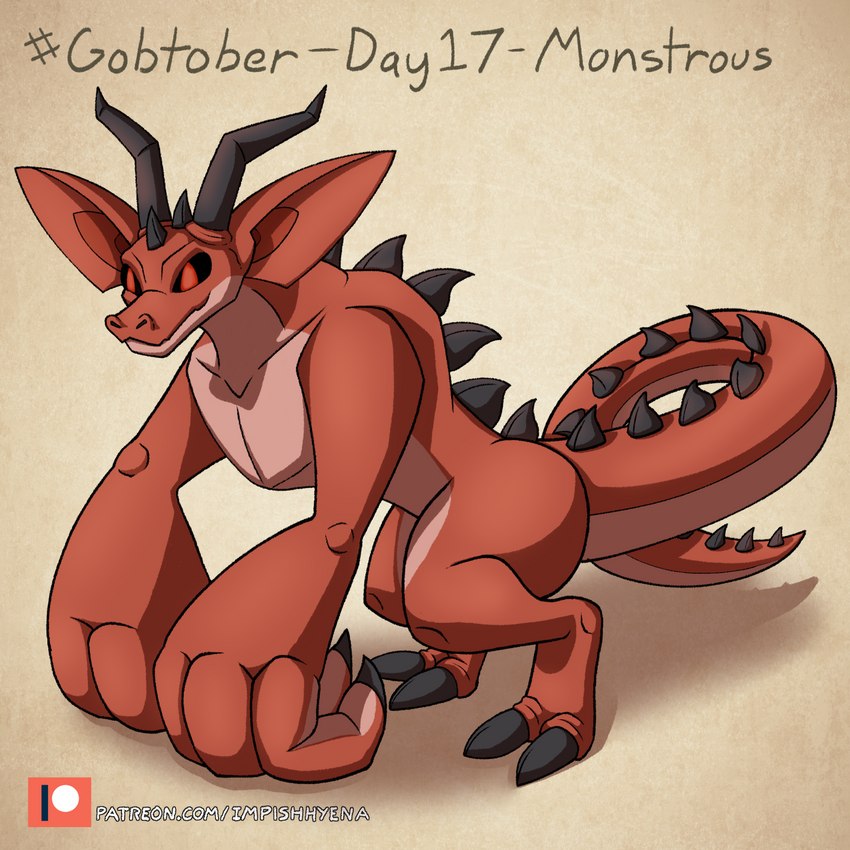 ambiguous_gender anthro back_spikes big_arms big_chest black_sclera claws digitigrade head_spikes horn huge_arms long_tail muscular red_body red_eyes solo spiked_tail spikes spikes_(anatomy) spines tail impishhyena gobtober gobtober_2022 mythology dragon goblin humanoid hybrid monster mythological_creature mythological_scalie scalie 1:1 hi_res