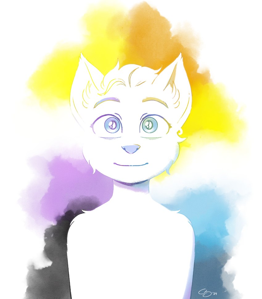 ambiguous_gender anthro aroace_pride_colors eyebrows front_view fur hair inner_ear_fluff iris lgbt_pride nonbinary_pride_colors pride_colors pupils simple_background smile solo tuft white_background white_body white_ears white_fur white_hair white_inner_ear white_inner_ear_fluff cobalt_snow conditional_dnp felid feline mammal 2024 hi_res signature