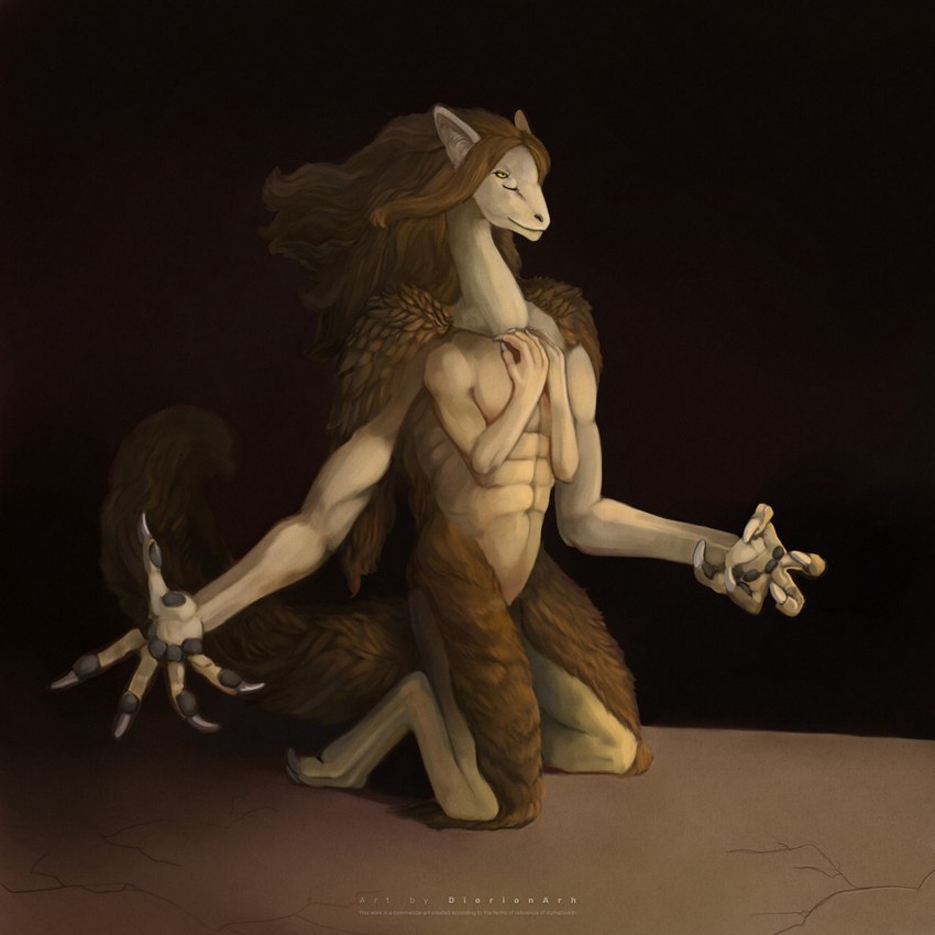 ambiguous_gender anthro brown_background brown_body brown_hair classical claws emotional feeling female fur gesture hair hand_gesture kneeling looking_at_another muscular muscular_female renaissance sad simple_background solo tan_body diorionarh mythology deity demon unknown_species 1:1 hi_res