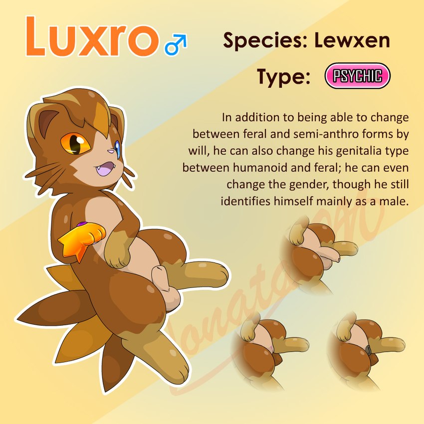 animal_genitalia blue_eyes brown_body brown_fur female feral fully_sheathed fur genitals heterochromia humanoid_genitalia male nude orange_eyes psychic semi-anthro sheath solo text jonatanm fakemon fan_character luxro lewxen mammal 1:1 english_text model_sheet