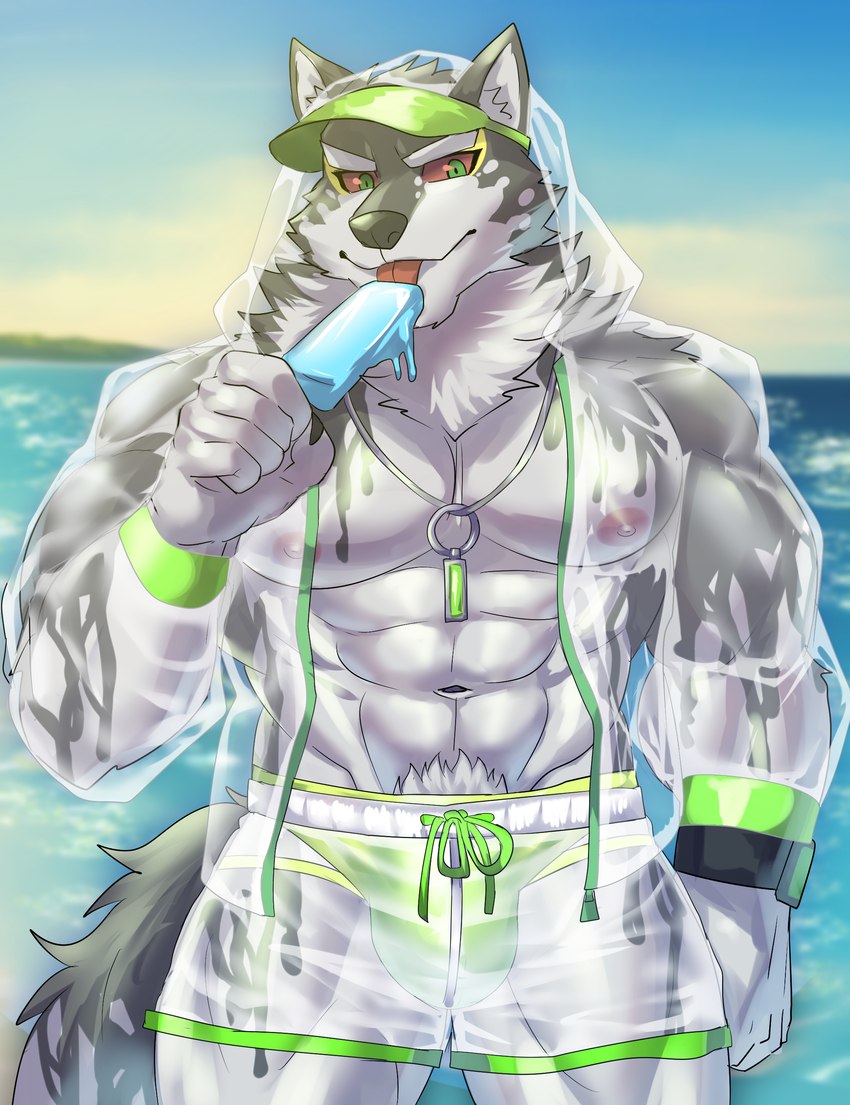 abs anthro biceps clothing dessert food hat headgear headwear ice_cream licking male muscular muscular_anthro muscular_male nipples pecs solo speedo swimwear tongue tongue_out translucent translucent_clothing visor_cap weedwolf weedwolfeatmeat lifewonders live_a_hero monomasa canid canine canis domestic_dog husky mammal nordic_sled_dog spitz absurd_res hi_res