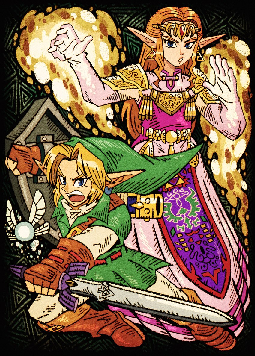 5_fingers ambiguous_gender biped blonde_hair blue_eyes boots clothed clothing ear_piercing ear_ring eyebrows female fingerless_gloves fingers footwear gloves green_clothing green_hat green_headwear group hair handwear hat headgear headwear holding_melee_weapon holding_object holding_sword holding_weapon humanoid_pointy_ears insect_wings long_hair male master_sword melee_weapon not_furry open_mouth piercing pointy_ears ring_piercing shield shoes sword trio weapon wings bridgeoffaust nintendo ocarina_of_time the_legend_of_zelda link navi princess_zelda fairy humanoid hylian hi_res
