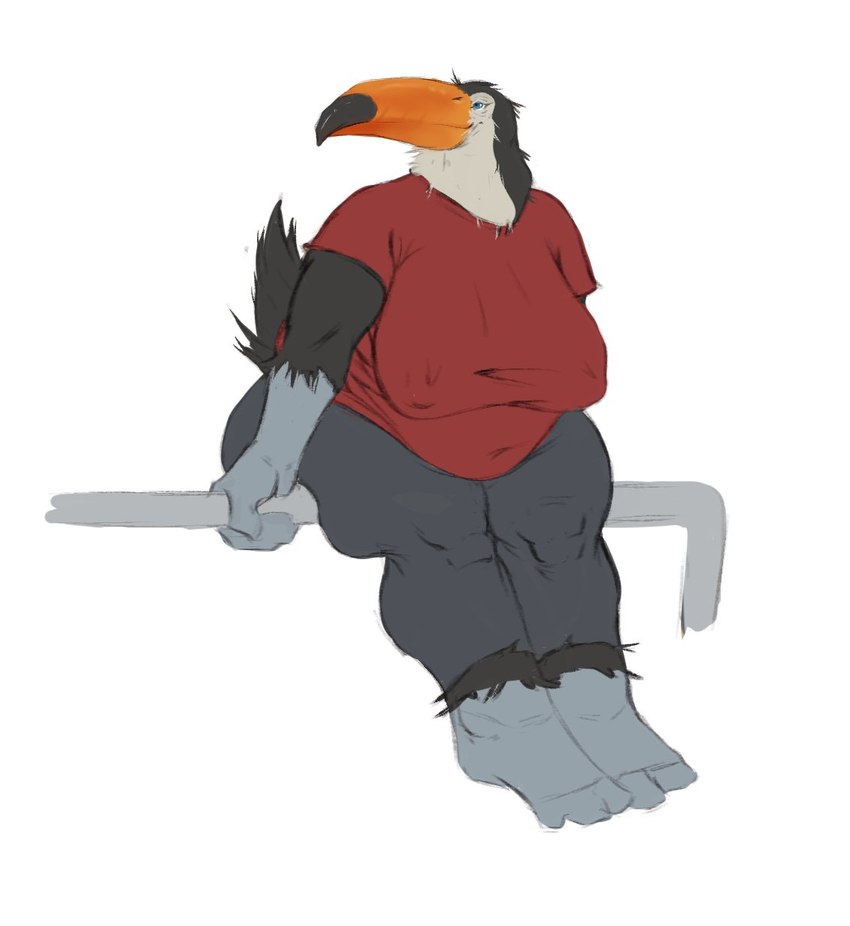 anthro beak belly big_belly big_breasts black_beak black_body black_fur blue_eyes bottomwear breasts clothed clothing female fur grey_bottomwear grey_clothing grey_pants huge_breasts mouth_closed multicolored_beak nipple_outline orange_beak overweight overweight_anthro overweight_female pants red_clothing red_shirt red_t-shirt red_topwear shirt simple_background sitting solo t-shirt three-quarter_view topwear two_tone_beak unsigned white_background white_body white_fur upai avian bird ramphastos toco_toucan toucan full-length_portrait hi_res portrait