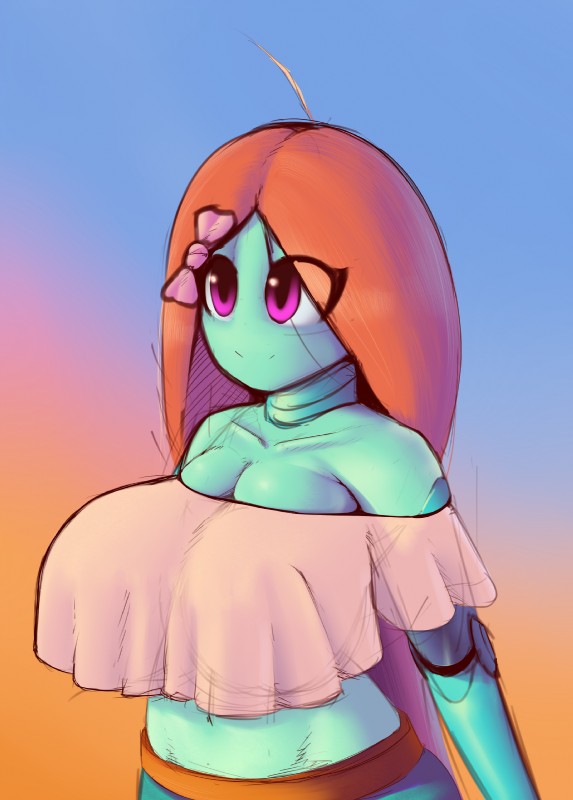 big_breasts blue_body blue_skin breasts clothed clothing female hair machine not_furry purple_eyes red_hair ribbons short_stack smile solo topwear translucent translucent_hair dibujosv12 3v4 android humanoid robot 2018 digital_media_(artwork) hi_res