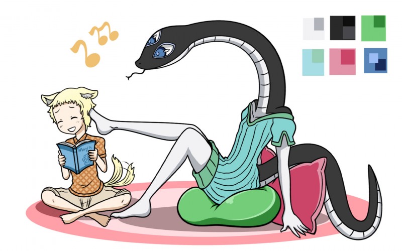 3_eyes anthro barefoot blonde_hair blue_eyes book duo eyes_closed feet female forked_tongue hair happy male multi_eye musical_note musical_symbol pillow sitting smile symbol tail tail_motion tailwag tongue xenosaga428 a_centaur's_life quetzalcoatl_sassassul animal_humanoid canid canid_humanoid canine canine_humanoid canis dog_humanoid domestic_dog humanoid mammal mammal_humanoid reptile scalie snake 16:10 hi_res widescreen