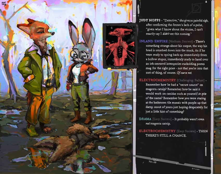 3_toes barefoot bodily_fluids breasts claws clothed clothing corpse cosplay crossover_cosplay death detailed_background dialogue feet female footwear fur group male one_shoe_on pawpads paws pink_pawpads plantigrade shoes soles text text_box toes topwear white_text awr_hey disco_elysium disney zootopia finnick_(zootopia) harrier_du_bois judy_hopps kim_kitsuragi nick_wilde canid canine fennec_fox fox lagomorph leporid mammal rabbit red_fox true_fox 2022 crossover digital_drawing_(artwork) digital_media_(artwork) english_text hi_res