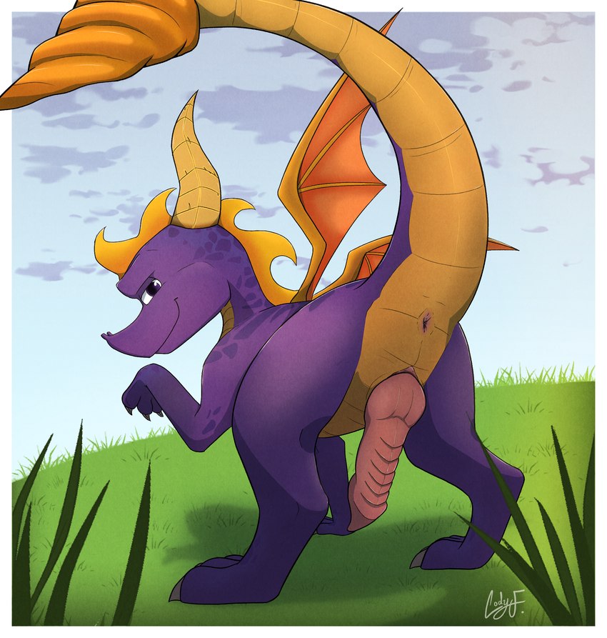 anus feral genitals knot knotted_penis looking_at_viewer looking_back male penis purple_body purple_eyes raised_tail ridged_penis solo tail tail_anus tailbutt thick_tail wings codyf0xx activision mythology spyro_reignited_trilogy spyro_the_dragon spyro dragon mythological_creature mythological_scalie scalie hi_res