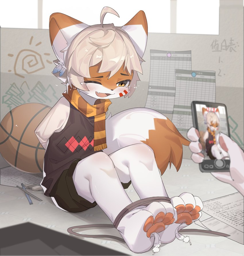 anthro arms_tied ball basketball_(ball) blinking bound cellphone clothed clothing detailed_background duo electronics laugh legs_tied male pawpads phone single_tooth smile tail taking_picture tickling tongue window young young_male emolga_1 canid canine fox mammal 2022 hi_res