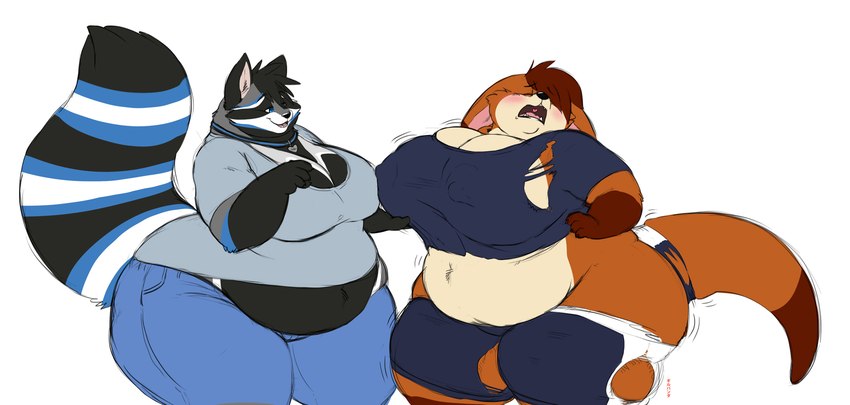 anthro belly big_belly big_breasts blush bodily_fluids bottomwear breast_expansion breasts brown_hair butt butt_expansion clothing duo expansion female hair huge_thighs nervous obese overweight shirt shorts simple_background speech_bubble sweat sweatdrop text thick_thighs topwear torn_clothing transformation weight_gain white_background gillpanda cinnamon_(cinnamonroo) kangaroo macropod mammal marsupial procyonid raccoon artist_name hi_res