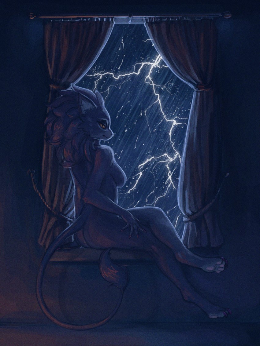 amber_eyes anthro electricity female fluffy fluffy_hair fluffy_tail hair lightning long_nails looking_at_viewer pawpads paws raining sitting_on_window_sill slim solo tail thin_tail thunderstorm window had_my_way trials_of_mana belladonna_(trials_of_mana) 3:4 hi_res