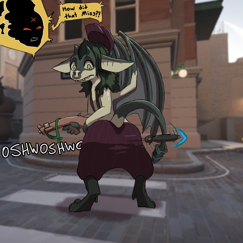 anthro big_ears bottomwear butt clothing dialogue digitigrade facial_piercing female flat_chested green_body green_hair green_horn green_scales green_tail green_wings grey_wings gun hair hat headgear headwear holding_gun holding_object holding_ranged_weapon holding_weapon horn looking_back membrane_(anatomy) membranous_wings nose_piercing nose_ring pants piercing pink_bottomwear pink_clothing pink_hat pink_headwear pink_pants ranged_weapon rear_view ring_piercing scales septum_piercing septum_ring sharp_teeth solo speech_bubble suspenders tail tan_body tan_scales teeth text weapon wide_hips wings yellow_eyes pneumana deadlock valve haze_(deadlock) ivy_(deadlock) gargoyle 1:1 english_text