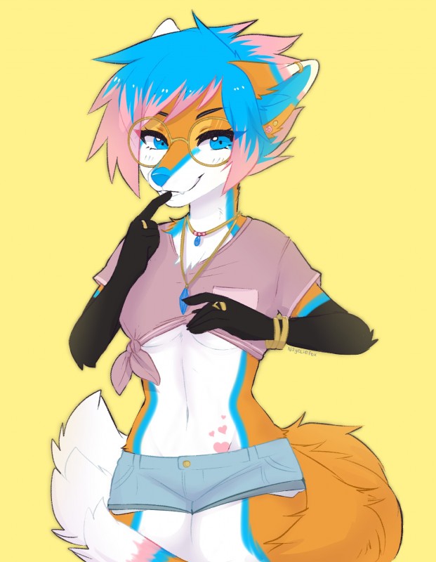 5_fingers anthro blue_eyes blue_hair clothed clothing eyebrows eyelashes eyewear female fingers fur glasses hair midriff navel orange_body orange_fur smile solo standing nayel-ie canid canine fox mammal 2020 absurd_res digital_media_(artwork) hi_res