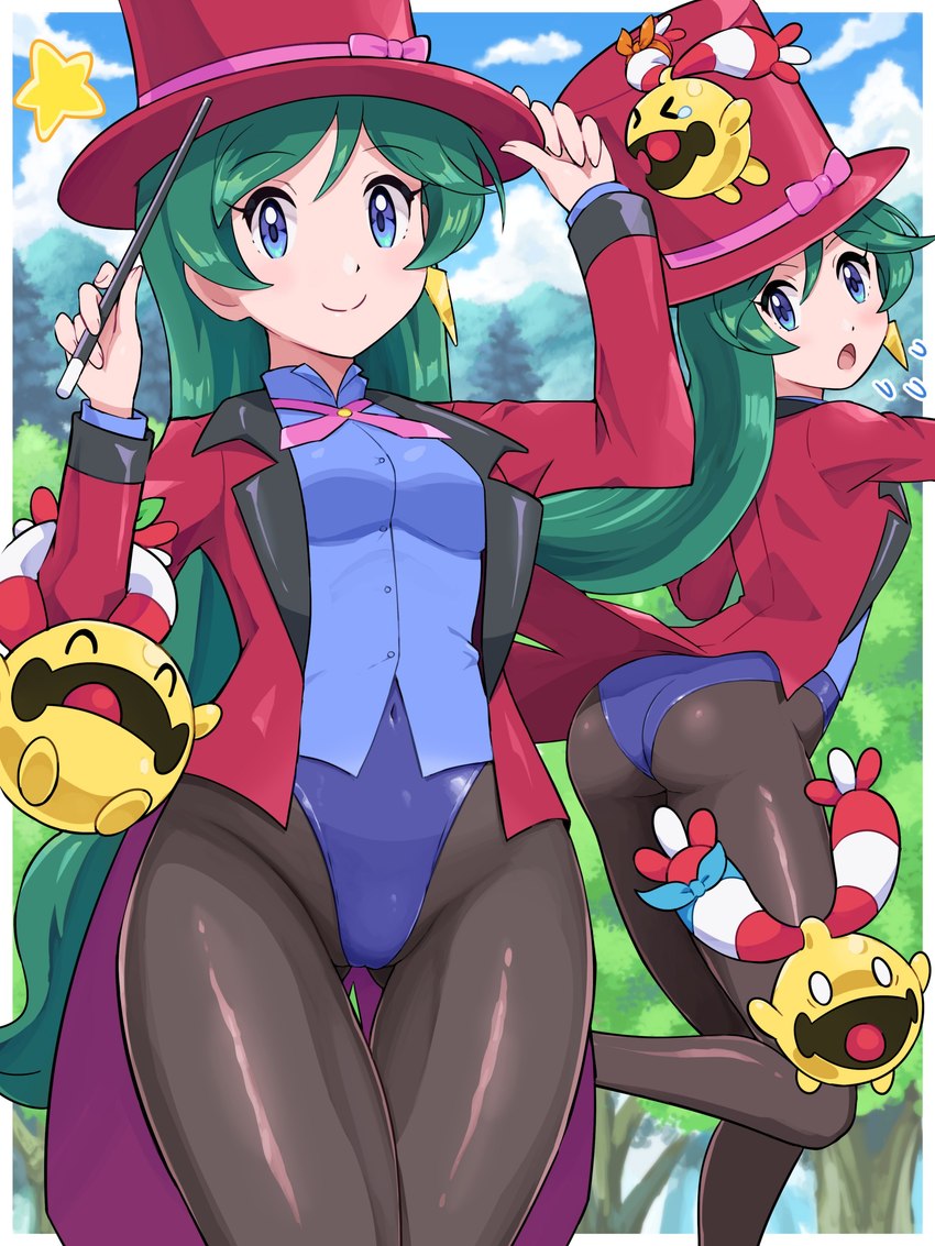 blue_eyes butt clothing ear_piercing ear_ring female green_hair group hair hat headgear headwear human_focus legwear long_hair magic_wand magician piercing ring_piercing smile solo_focus tights top_hat wide_hips pokemoa nintendo pokemon pokemon_(anime) francesca_(pokemon) chingling generation_4_pokemon human mammal pokemon_(species) 3:4 absurd_res hi_res