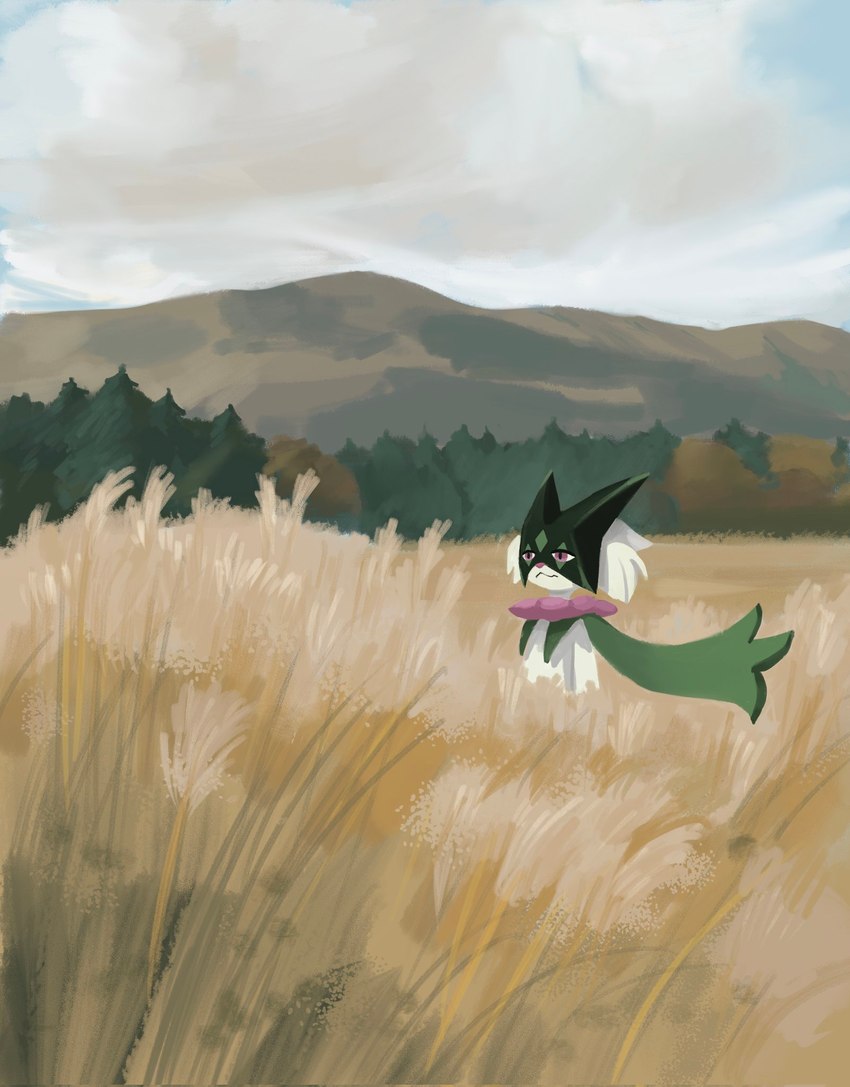 ambiguous_gender anthro cloud cloudy_sky field forest fur green_body green_fur green_hair hair mountain pink_eyes plant sky solo tree spacecrow63 nintendo pokemon felid feline generation_9_pokemon mammal meowscarada pokemon_(species) 2025 hi_res