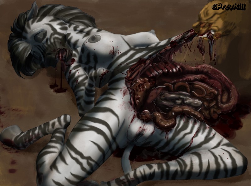 abortion anthro bite blood bodily_fluids breasts death disembowelment duo eyes_closed female female_death fetus genitals gore gore_focus guts hard_vore hooves intestines lying nipples nude open_mouth organs pussy snuff stripes tail tongue uterus vore preykill equid equine felid horse mammal zebra