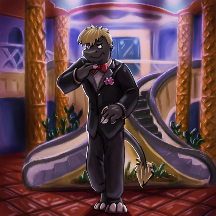 anthro black_tie_(suit) bow_tie casino clothing detailed_background dress_pants flower lobby looking_away male plant slim solo suit uncomfortable crossroadspony raemyshu rvb_revolution agent_washington chupadore 1:1 hi_res