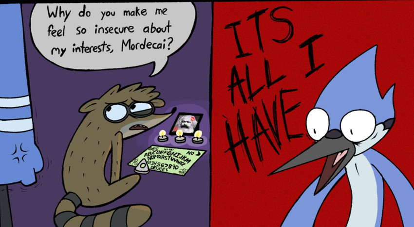 anthro avian_feet candle cross-popping_vein dialogue duo feathers humor kiss_mark looking_back male ouija_board planchet politics purple_background red_background screaming simple_background sitting tail tail_feathers text wide_eyed happyroadkill cartoon_network real_world regular_show karl_marx mordecai_(regular_show) rigby_(regular_show) avian bird blue_jay corvid jay_(bird) mammal new_world_jay oscine passerine procyonid raccoon comic digital_drawing_(artwork) digital_media_(artwork) english_text flat_colors hi_res