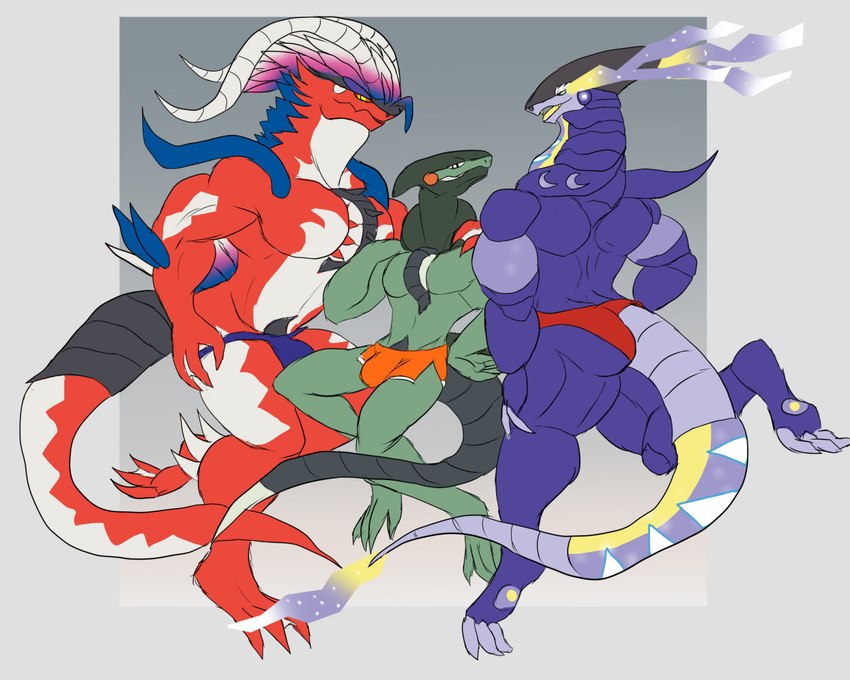 anthro anthrofied biceps bulge claws clothing feathers green_body group male male/male muscular muscular_male pecs purple_body red_body simple_background size_difference tail thong trio underwear daikuhiroshiama nintendo pokemon jaques_(daikuhiroshiama) rodrigo_(daikuhiroshiama) ancient_pokemon apex_build_koraidon cyclizar future_pokemon generation_9_pokemon koraidon legendary_pokemon miraidon paradox_pokemon pokemon_(species) ultimate_mode_miraidon 5:4