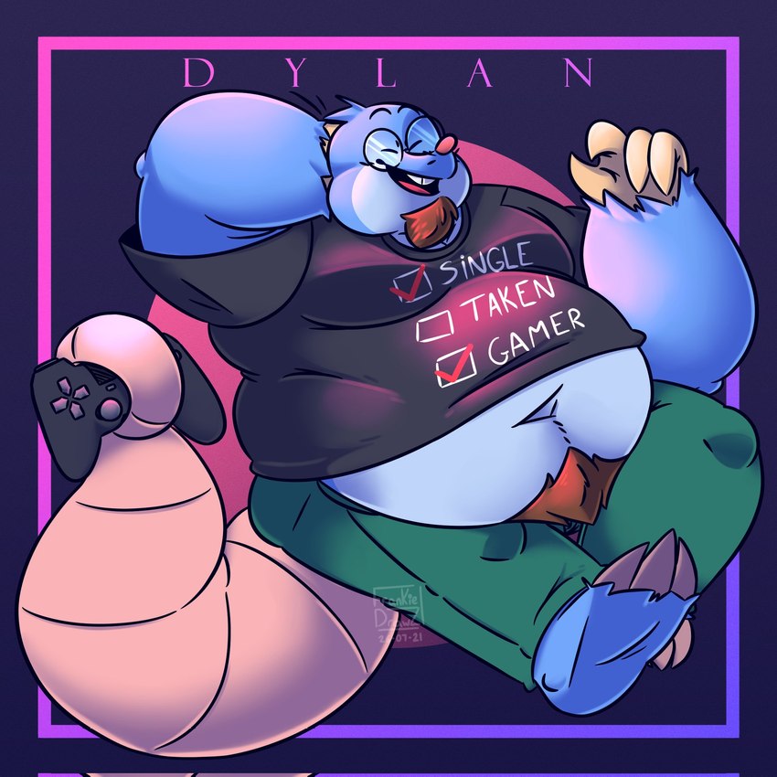 anthro belly blue_body bottomwear clothing controller eyes_closed eyewear game_controller glasses male overweight overweight_male pants shirt solo topwear frankie_drawz the_human_heart_(game) dylan_ramos eulipotyphlan mammal mole_(animal) 1:1 2021 hi_res