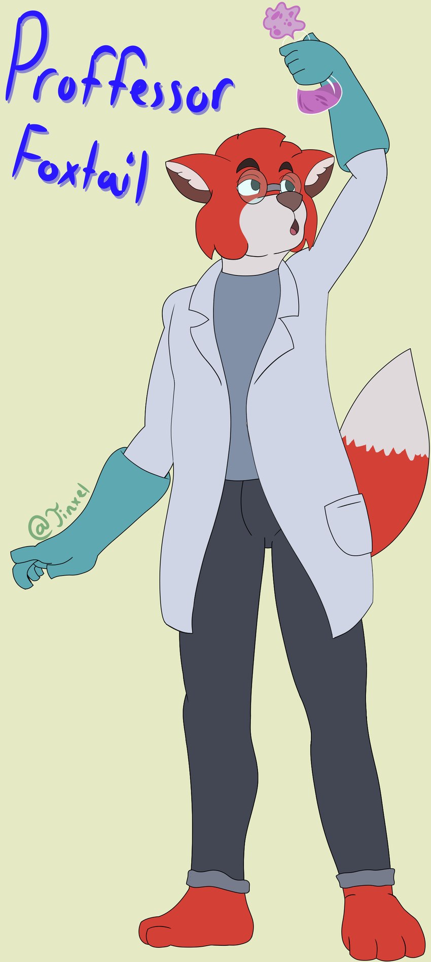 anthro barefoot beaker bottomwear clothing coat eyewear feet glasses gloves handwear lab_coat laboratory_equipment laboratory_glassware male pants scientific_instrument scientist solo text topwear jinxel bob's_burgers professor_foxtail canid canine fox mammal absurd_res character_name english_text hi_res