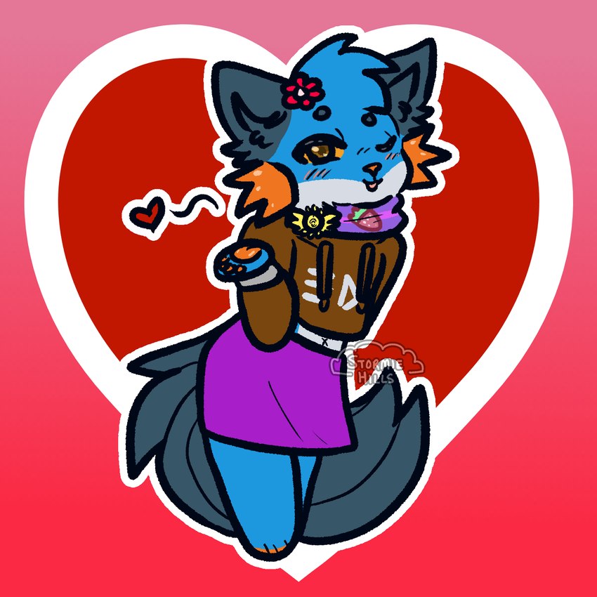 ambiguous_gender anthro badge blowing_kiss blue_body blue_fur blush blush_lines bottomwear brown_clothing brown_pupils brown_topwear chibi clothed clothing crop_top_hoodie fin flower_on_head fur gradient_background handpaw head_tuft heart_background heart_symbol holidays looking_at_viewer one_eye_closed orange_eyes orange_gills orange_pawpads pawpads paws persim_scarf pose pupils purple_bottomwear purple_clothing purple_skirt scarf simple_background skirt solo tail tail_fin topwear tuft wink winking_at_viewer x_belly_button stormiehills nintendo pokemon pokemon_mystery_dungeon spike_chunsoft splatoon valentine's_day xevy canid canine canis generation_3_pokemon hybrid mammal pokemon_(species) swampert wolf hi_res