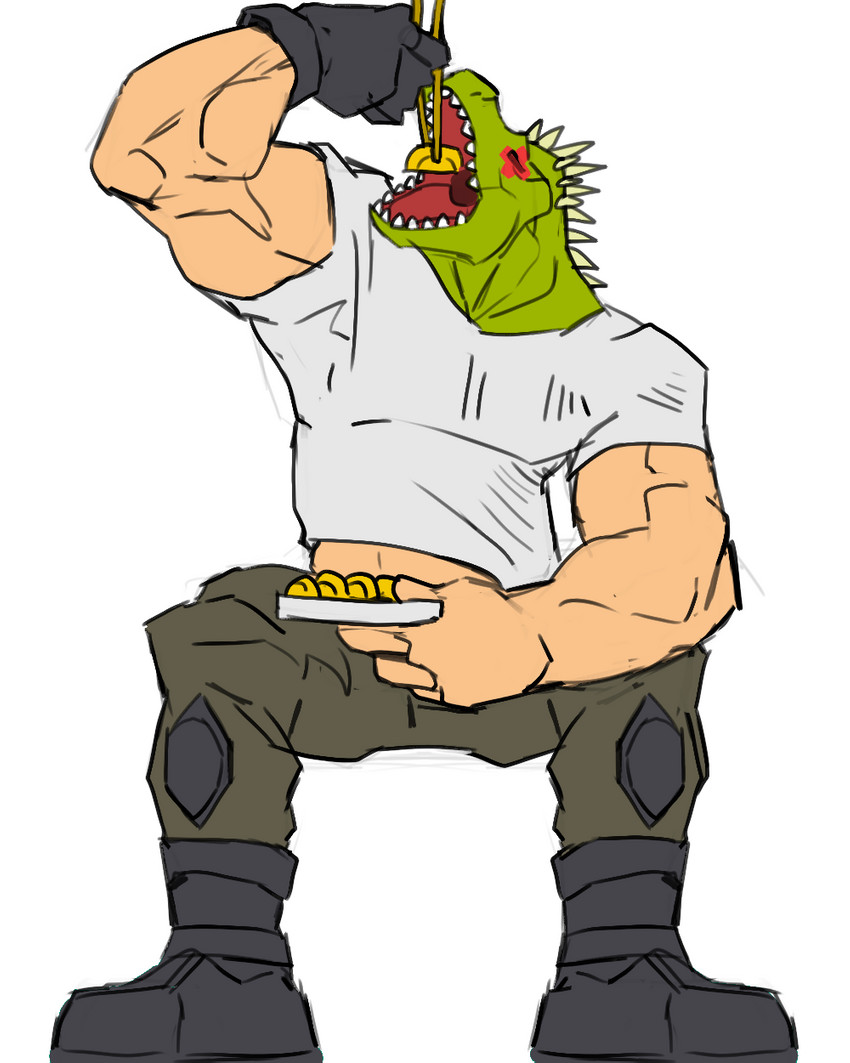 bottomwear clothing eating for_a_head green_body green_skin gyoza male muscular muscular_humanoid muscular_male open_mouth pants shirt sitting solo topwear rickleone dorohedoro kaiman_(dorohedoro) animal_head animal_humanoid humanoid scalie himbo 4:5 hi_res sketch