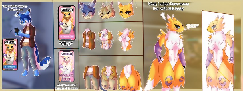 anthro electronics female gender_transformation male mid_transformation mirror mtf_transformation phone solo species_transformation transformation transformation_sequence transformation_through_magic crumbleumble bandai_namco digimon palworld pocketpair vrchat canid chillet digimon_(species) humanoid mammal pal_(species) renamon hi_res