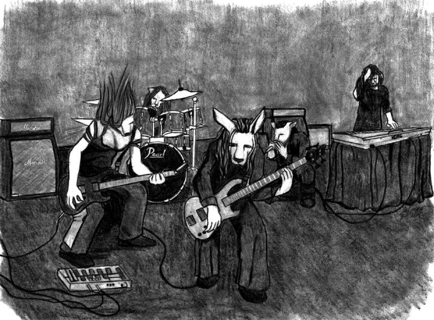 alternative_fashion amplifier anthro bass_guitar bottomwear breasts cabinet cleavage clothed clothing concert crouching drum electric_guitar electronics female footwear goth group guitar guitar_pedal hair headbanging keyboard_instrument long_hair male microphone musical_instrument musician on_stage pants percussion_instrument performance piano playing_bass playing_drum playing_guitar playing_music playing_piano plucked_string_instrument shirt shoes sitting standing string_instrument topwear divdurvart marshall_amplification pearl_corporation ambiguous_species kangaroo macropod mammal marsupial mouse murid murine rodent graphite_(artwork) monochrome shaded simple_shading traditional_media_(artwork)