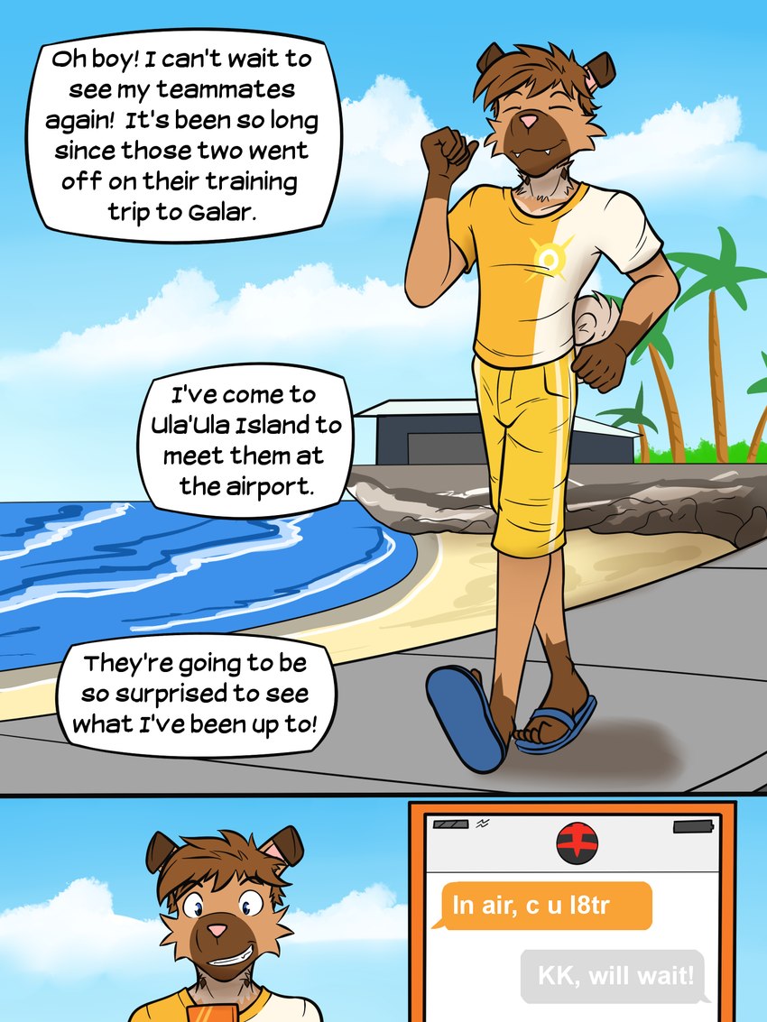 anthro anthrofied beach bottomwear cellphone clothed clothing electronics flip_flops footwear fully_clothed holding_cellphone holding_object holding_phone male outside palm_tree phone plant pokemorph sandals sea seaside shirt shoes shorts solo t-shirt text text_message topwear tree water fuze nintendo pokemon ricky_(fuze) generation_7_pokemon pokemon_(species) rockruff 3:4 comic english_text hi_res