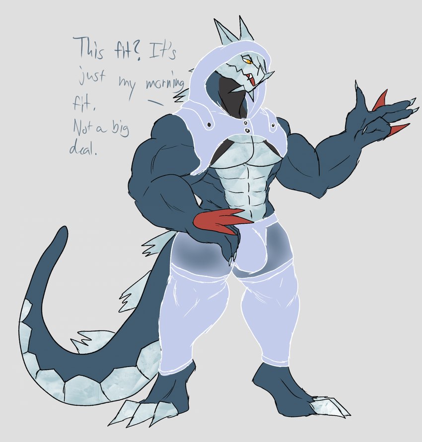 anthro bulge claws clothing hoodie jacket male muscular muscular_anthro muscular_male solo tail text topwear daikuhiroshiama mythology nintendo pokemon alcor_(daikuhiroshiama) baxcalibur dragon generation_9_pokemon mythological_creature mythological_scalie pokemon_(species) scalie english_text hi_res