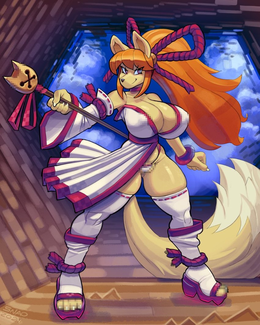 abstract_background anthro asian_clothing bell big_breasts biped boots bottomwear bow_ribbon breasts censored_nipples claws clothed clothing cloud collar detailed_background dipstick_tail east_asian_clothing female fingers fluffy fluffy_tail footwear fur hair holding_object huge_breasts ineffective_clothing japanese_clothing kimono legwear long_hair long_tail markings nipple_outline orange_hair partially_clothed paws pixelated ponytail red_eyes shoes smile socks solo staff tail tail_markings tan_body tan_fur text thigh_highs thin_calves thong toeless_footwear topwear underwear snao undertale_yellow ceroba_ketsukane canid canine fox mammal 2024 artist_name censored colored dated digital_drawing_(artwork) digital_media_(artwork) english_text mosaic_censorship shaded signature