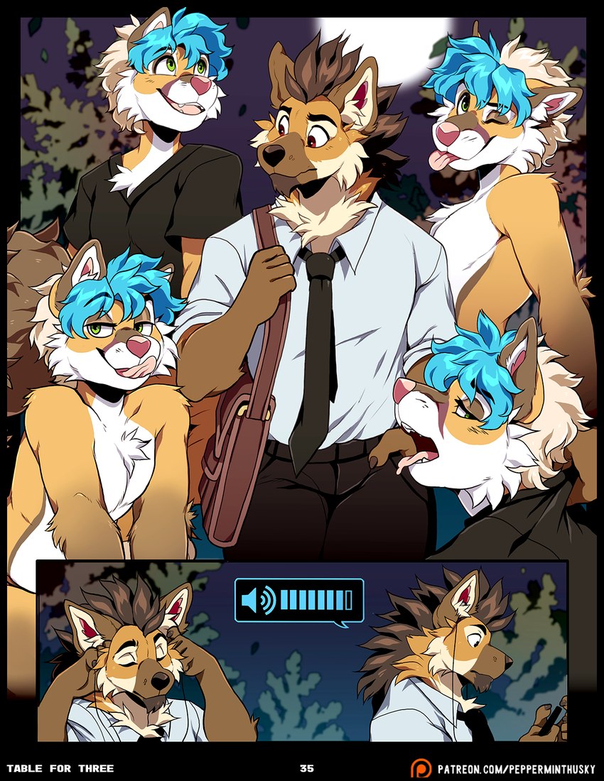 anthro black_border border business_suit clothing detailed_background earbuds electronics fantasizing fluffy fully_clothed_anthro fully_clothed_male furgonomics headphones inner_ear_fluff male male/male male_anthro nude nude_anthro nude_male page_number suit text tongue tongue_out tuft aycee ben_(roanoak) evan_(roanoak) canid canine fox mammal maned_wolf english_text hi_res url nonbinary_(lore)